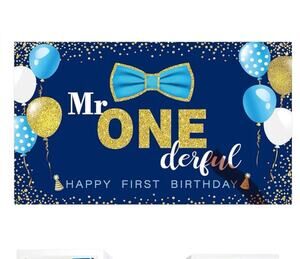 Mr. Onederful First Birthday Backdrop Banner Boys 1st Birthday Blue Gold Decor